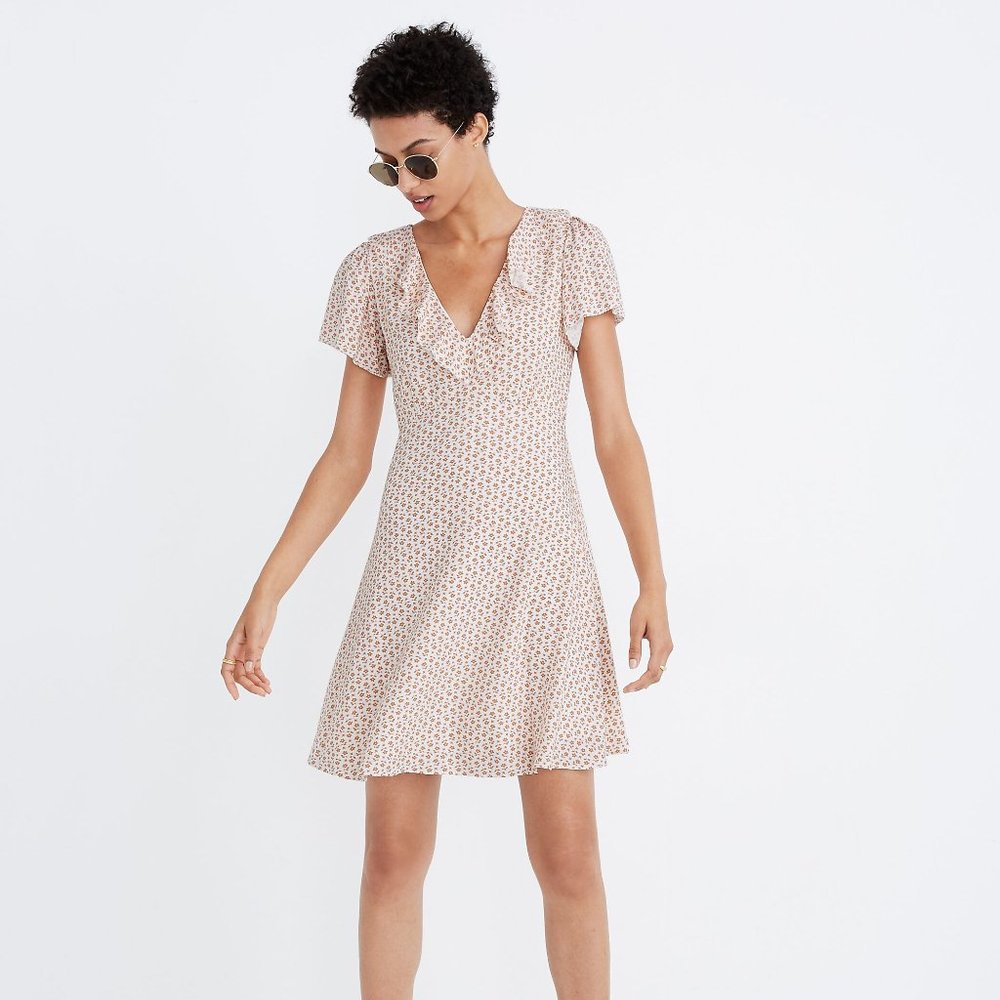 Ruffle Flutter-Sleeve Dress in Cutout Blooms